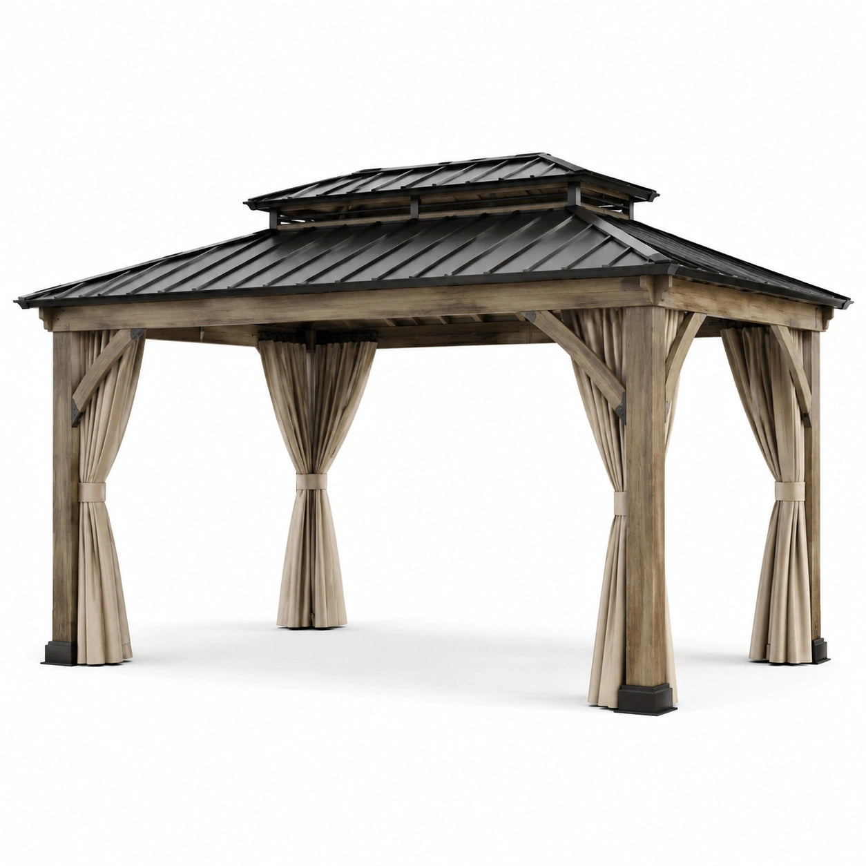 Holz- und Metallgartenpavillon mit Polyester-Vorhängen 400x300 cm Beige/Braun