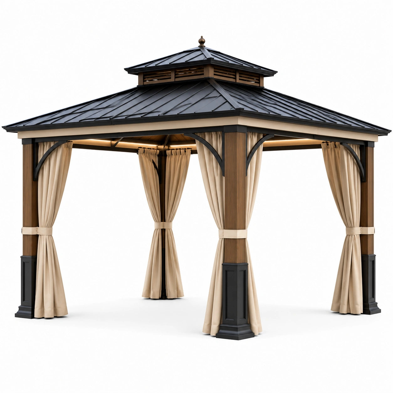 Gartenpavillon Aluminium Stahl Polyester Vorhänge Schwarz/Braun 3x3m