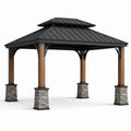 Metall- und Holzpavillon mit Steinsäulen, Schwarz/Braun