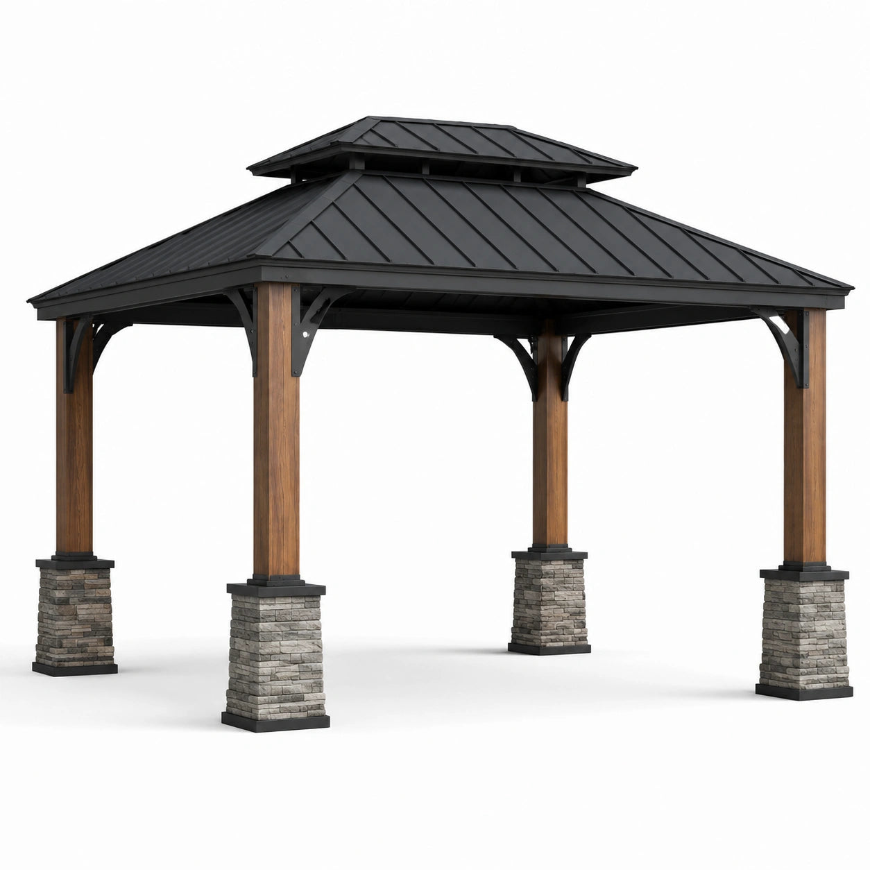 Metall- und Holzpavillon mit Steinsäulen, Schwarz/Braun