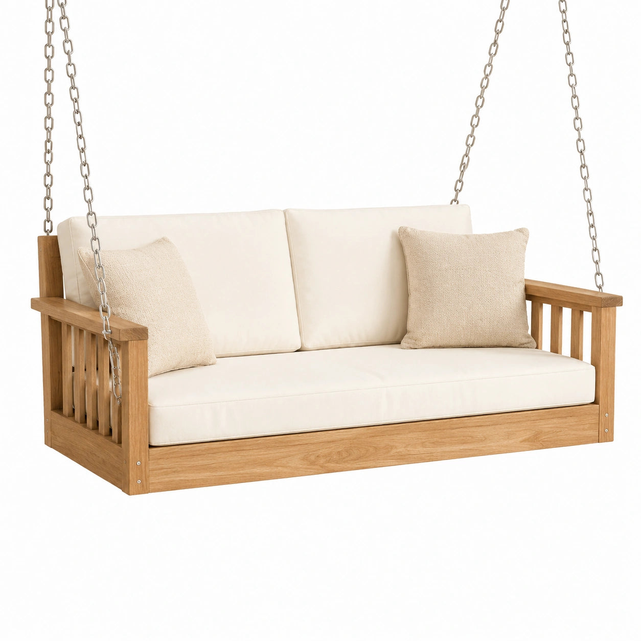 Teakholz-Schaukelbank mit beigen Baumwollkissen 180x80x60 cm