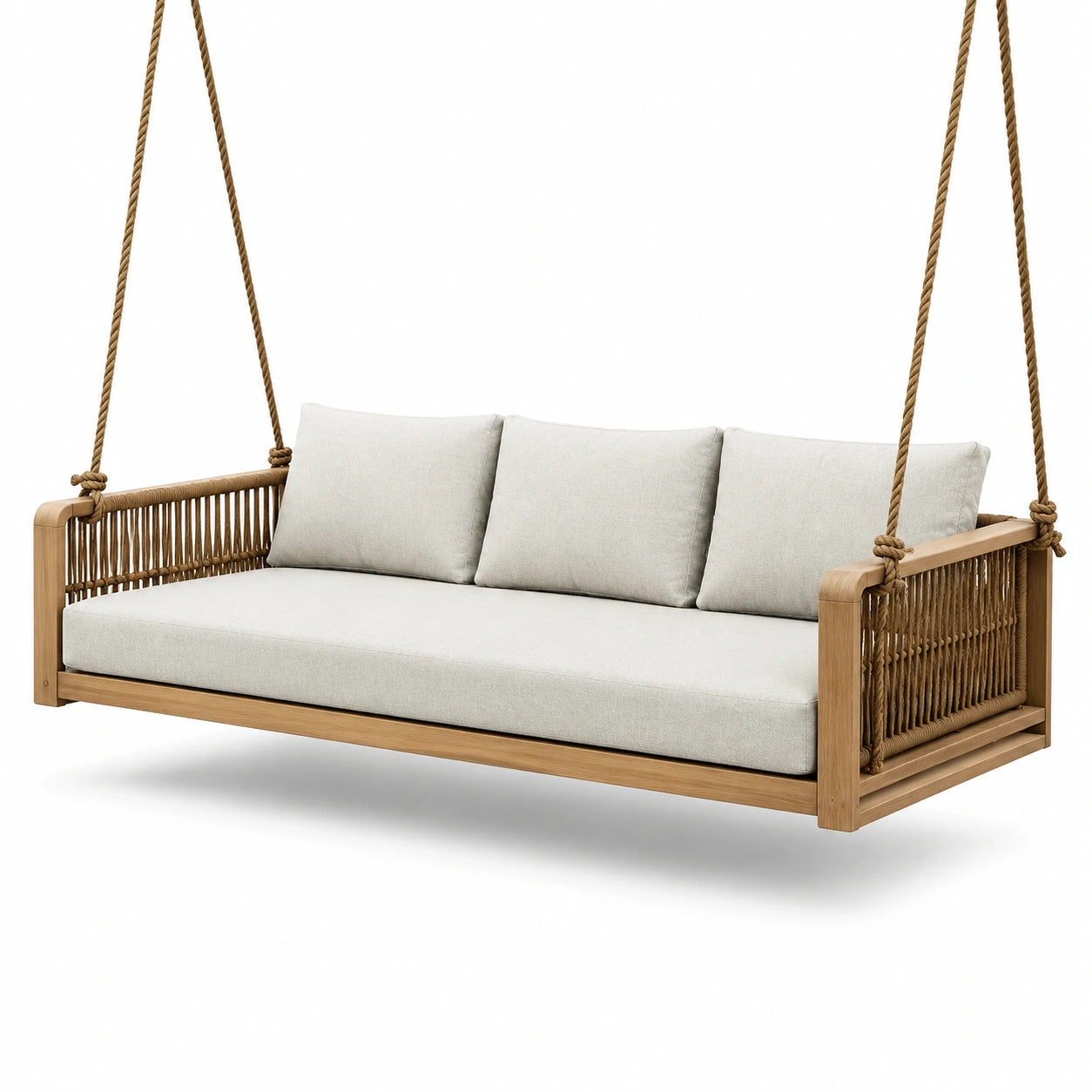 Teakholz Schaukelbank mit Polyesterkissen Beige