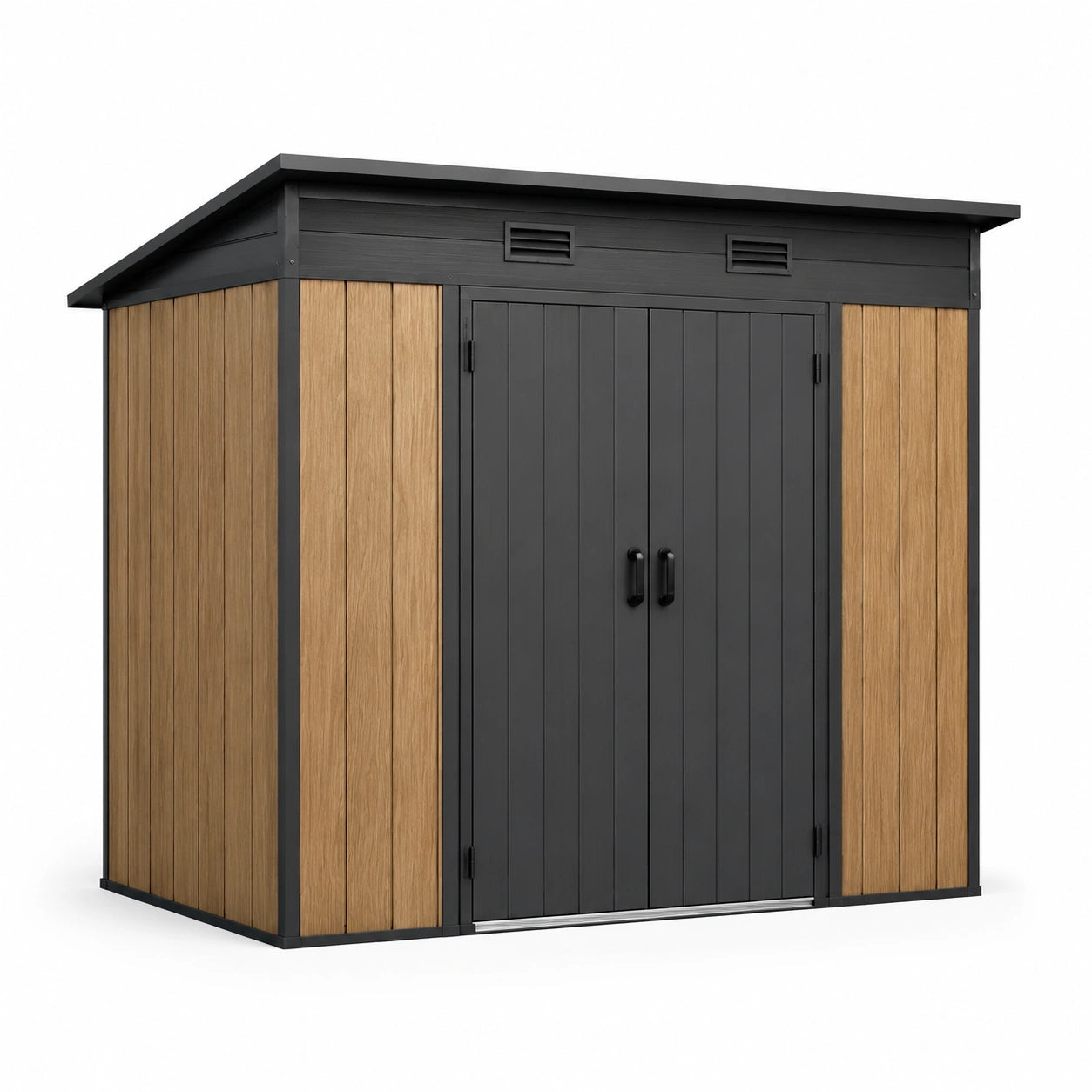 Metall Gartenhaus mit PVC Beschichtung in Anthrazit und Holzoptik