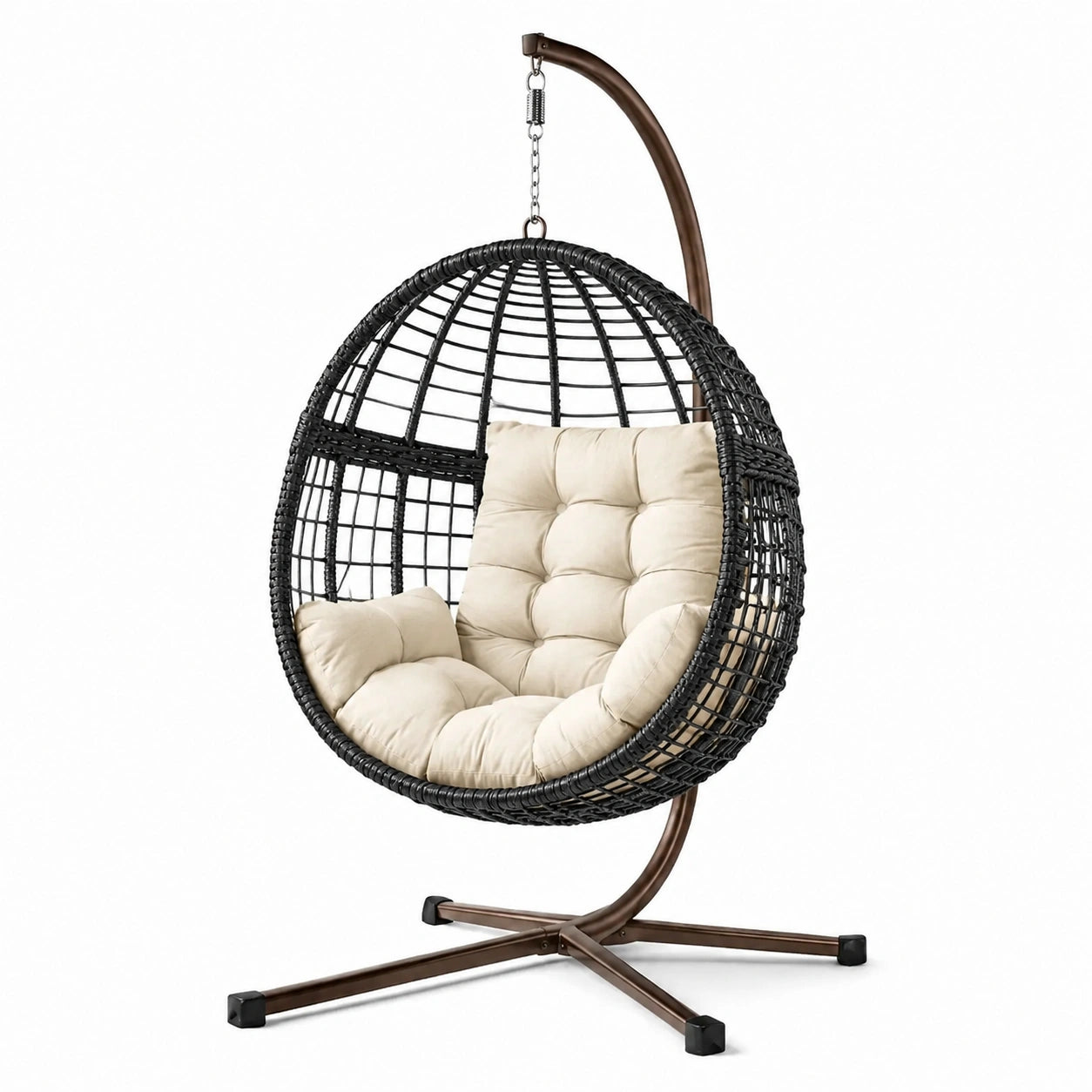 Rattan Hängesessel mit Gestell und Kissen aus Stahl und PE-Rattan, Beige