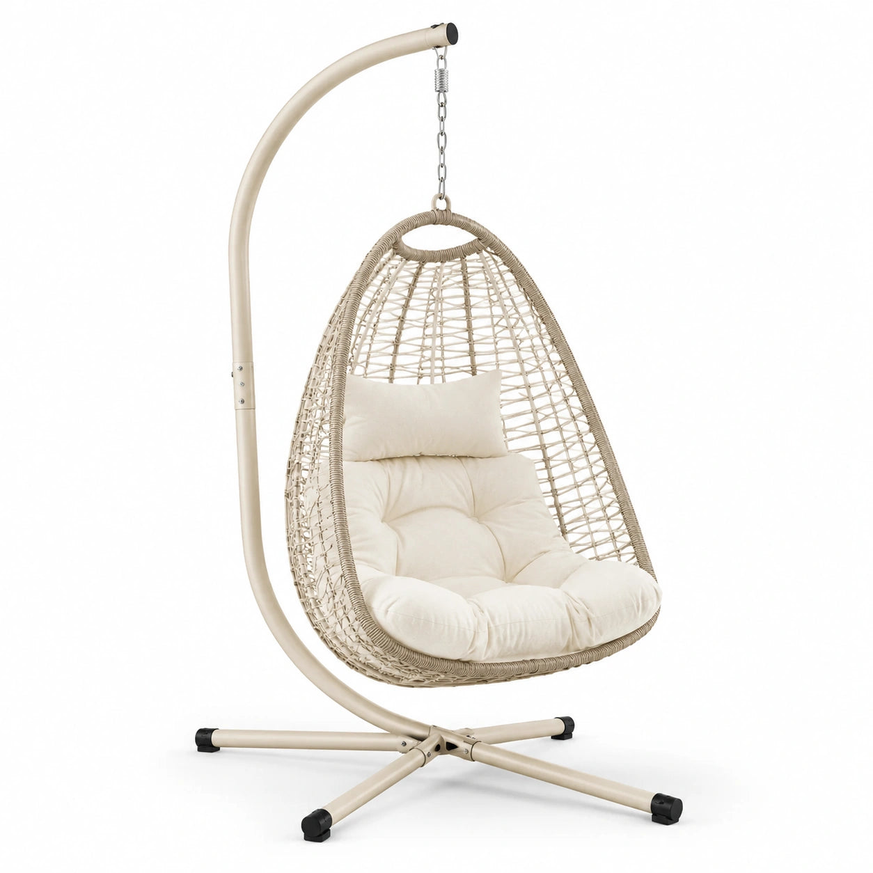 Polyrattan-Hängesessel mit Stahlrahmen und Kissen, Beige